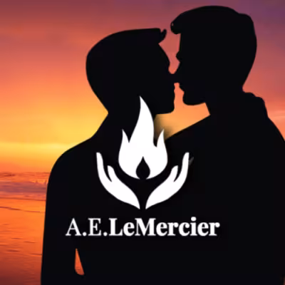 The author logo for AE LeMercier, with two hands shaped like an open book cradling a flame, superimposed on a MM couple silhouette. 