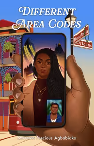 It’s day time in New Orleans and there’s a hand against the backdrop of Bourbon Street lampost and building as well as a tram cart. The hand is holding a phone with a FaceTime image of a Black girl with long braids with a night time backdrop of London Gherkin building and Tower Bridge.