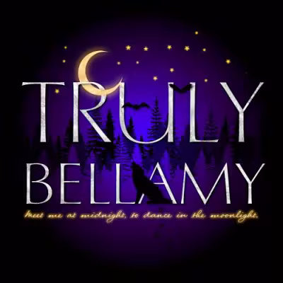 A forest at night, with the moon and stars above, and a wolf in the foreground, with Truly Bellamy written over it.