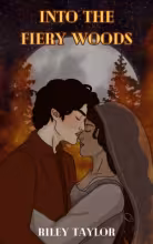 Into the Fiery Woods book cover. A couple hold one another close. The man has pale blushed skin, dark hair, and wears a red jacket. The woman has long dark brown hair, light brown skin, and wears a grey dress and veil. Background: A large moon with flaming trees in front.