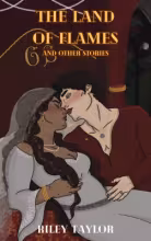 Cover of The Land of Flames. A couple reclines in bed. Gwen, a woman, wears a grey medieval-style dress with floral embroidery over the neckline. She has light brown skin and dark brown hair, partially covered by a sheer grey veil. She wears a pearl necklace, gold and ruby earrings, and three gold bracelets. Stark, a man, wears a low-cut red shirt and leans toward Gwen as though to kiss her. He has short black curly hair and light skin. His cheek is blushed. He wears a silver necklace and a gold ring. The b